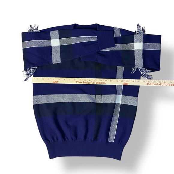 Tory Burch Gwen Sweater Blue and White Checked with Fringe Size Small - Picture 3 of 7